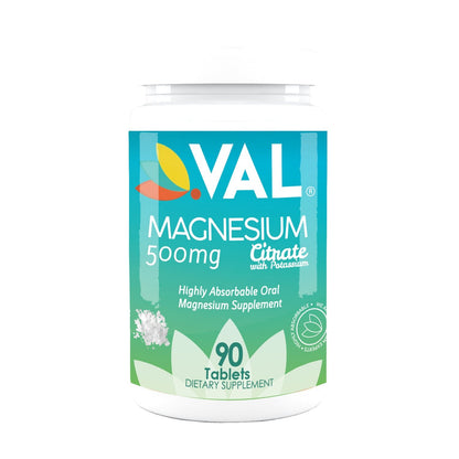 VAL Magnesium Citrate 500mg with Potassium - Muscle Relaxation, Sleep, Support Calm, Energy Support, Healthy Magnesium Levels - 90 Tablets - Val Supplements