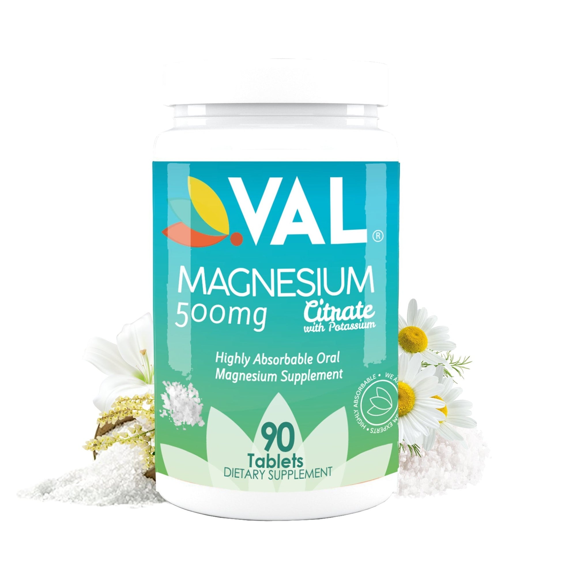 VAL Magnesium Citrate 500mg with Potassium - Muscle Relaxation, Sleep, Support Calm, Energy Support, Healthy Magnesium Levels - 90 Tablets - Val Supplements